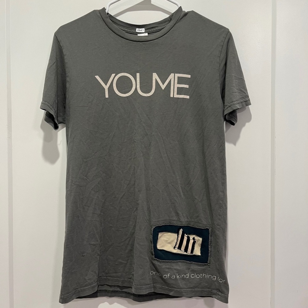 US Blanks YOUME Graphic Patch T-Shirt Gray Cotton Short Sleeve Mens Small USA